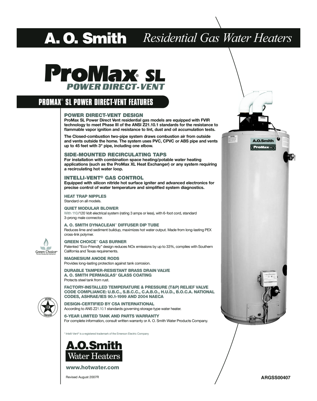 A.O. Smith SL warranty Residential Gas Water Heaters, ARGSS00407, Promax Sl Power Direct-Vent Features 
