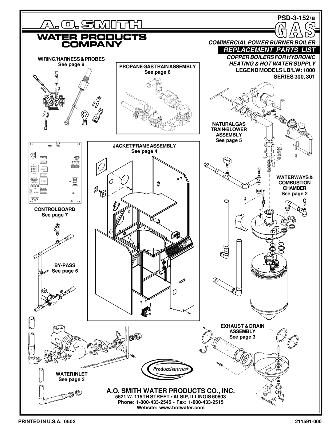 A.O. Smith SLB/LW:1000 manual Replacement Parts List 