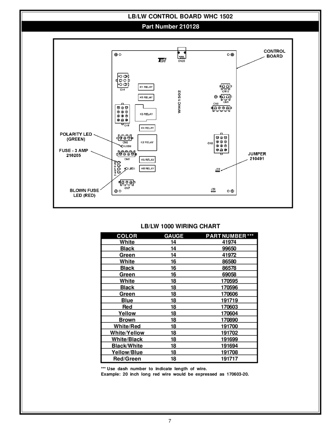 A.O. Smith SLB/LW:1000 manual LB/LW Control Board WHC, LB/LW 1000 Wiring Chart 