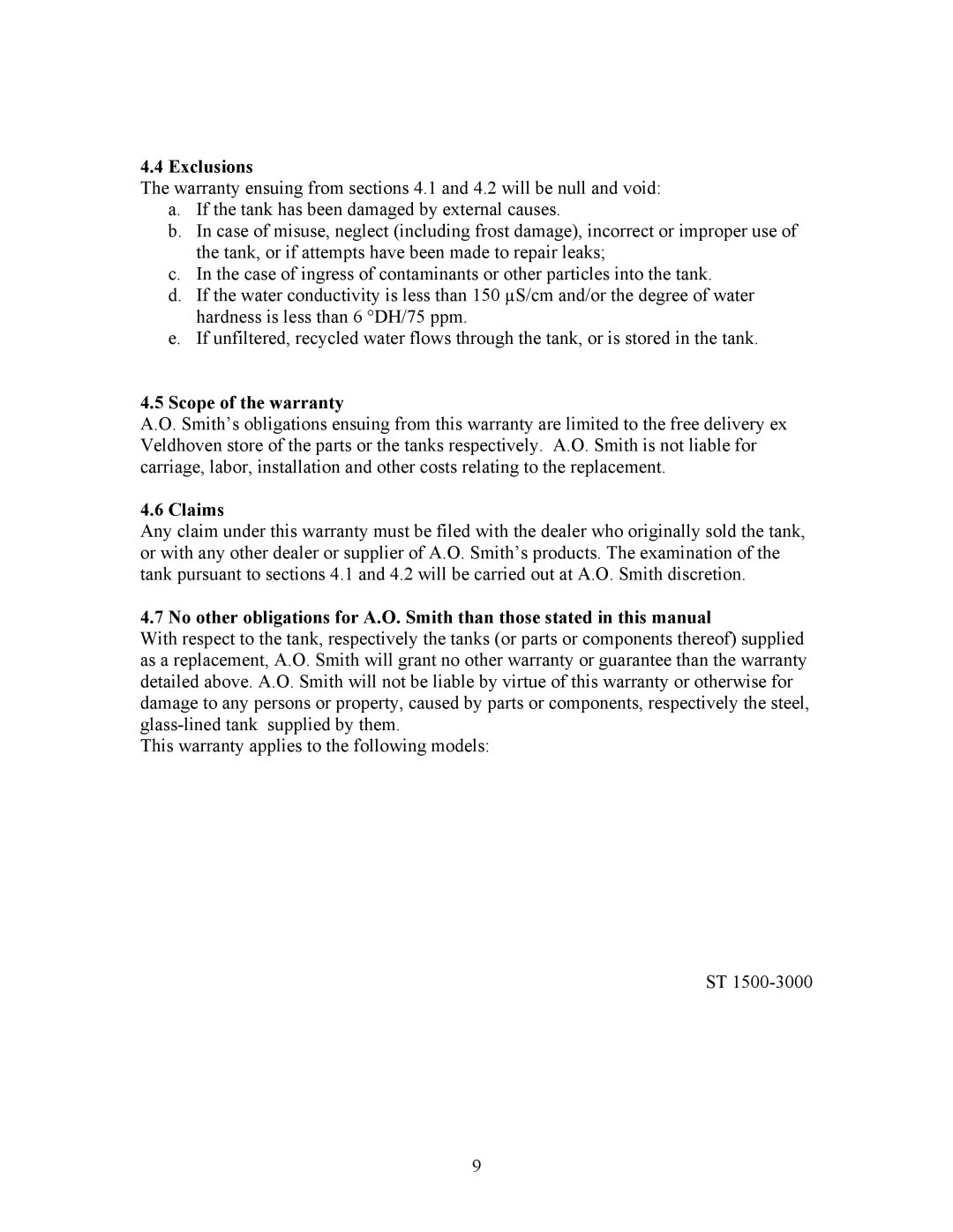 A.O. Smith ST 1500, ST 3000 installation instructions Exclusions, Scope of the warranty, Claims 