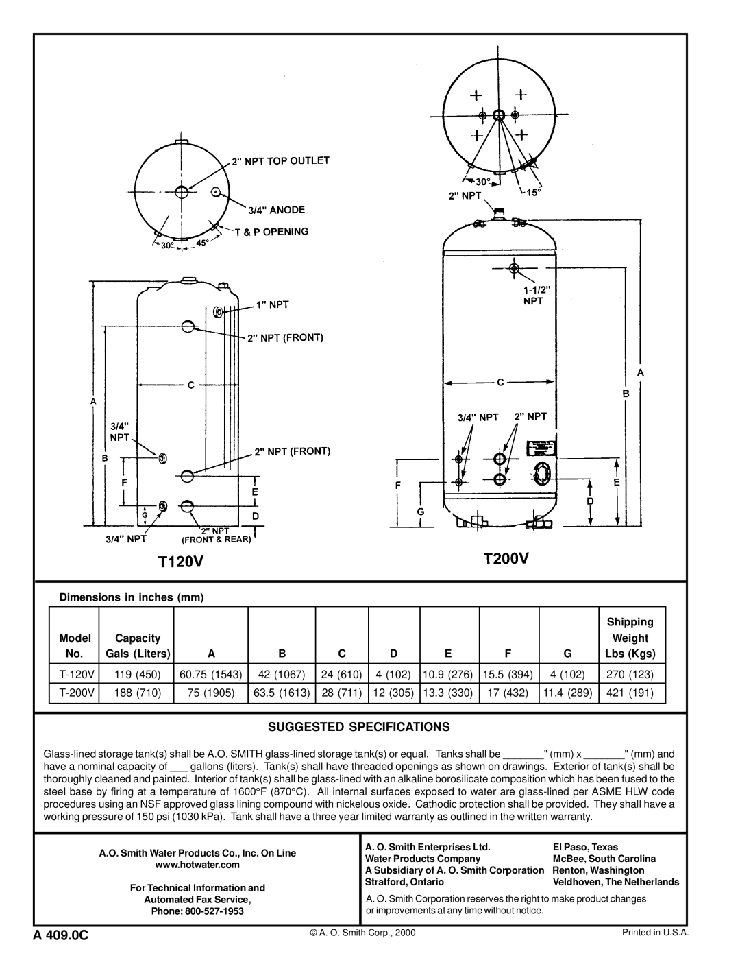 A.O. Smith T200V, T120V warranty 409.0C, Suggested Specifications, Renton, Washington, Stratford, Ontario 