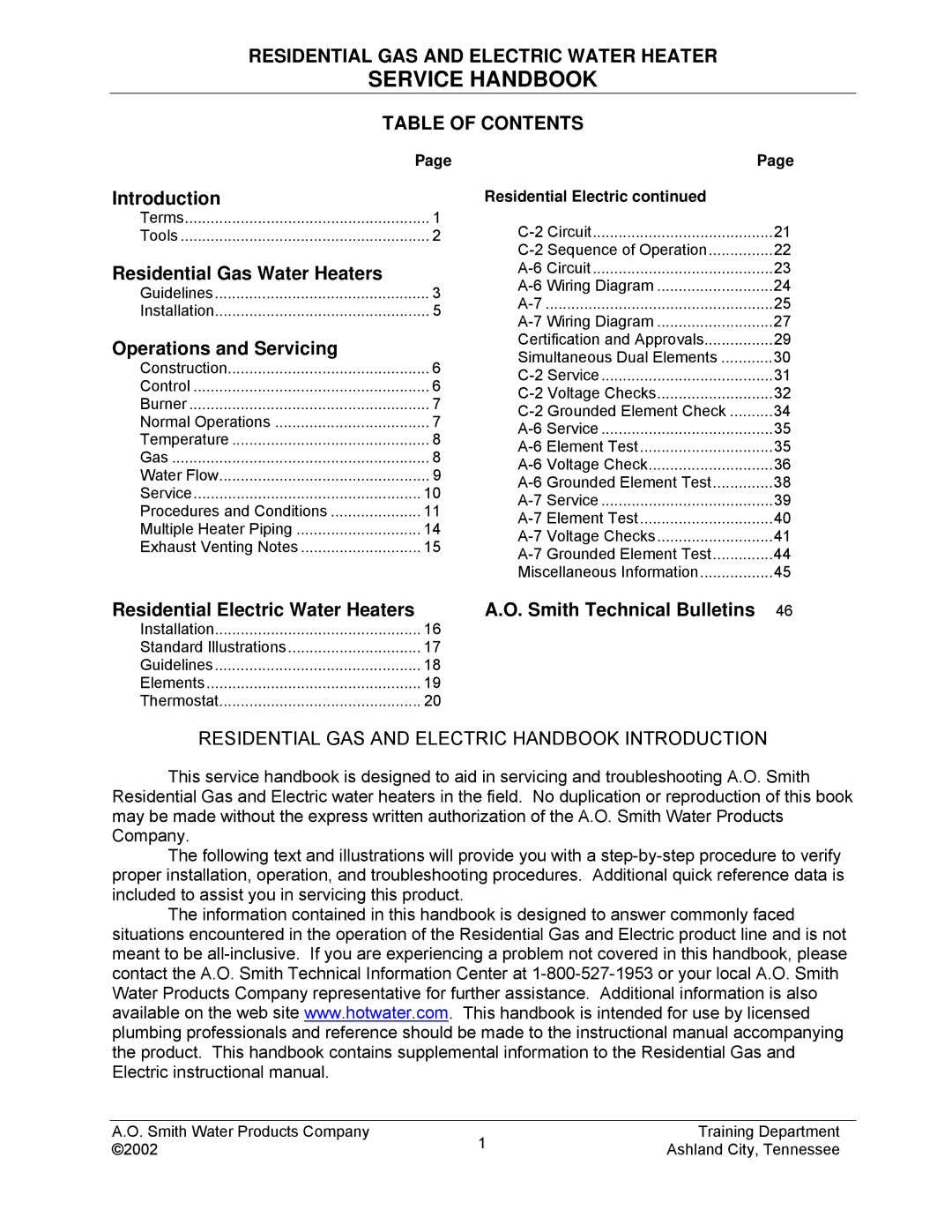 A.O. Smith TC-049-R2 manual Residential GAS and Electric Water Heater, Table of Contents 