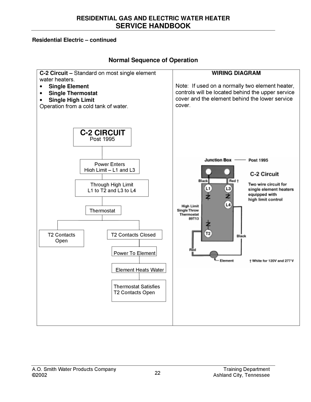 A.O. Smith TC-049-R2 Normal Sequence of Operation, Single Element Single Thermostat Single High Limit, Wiring Diagram 