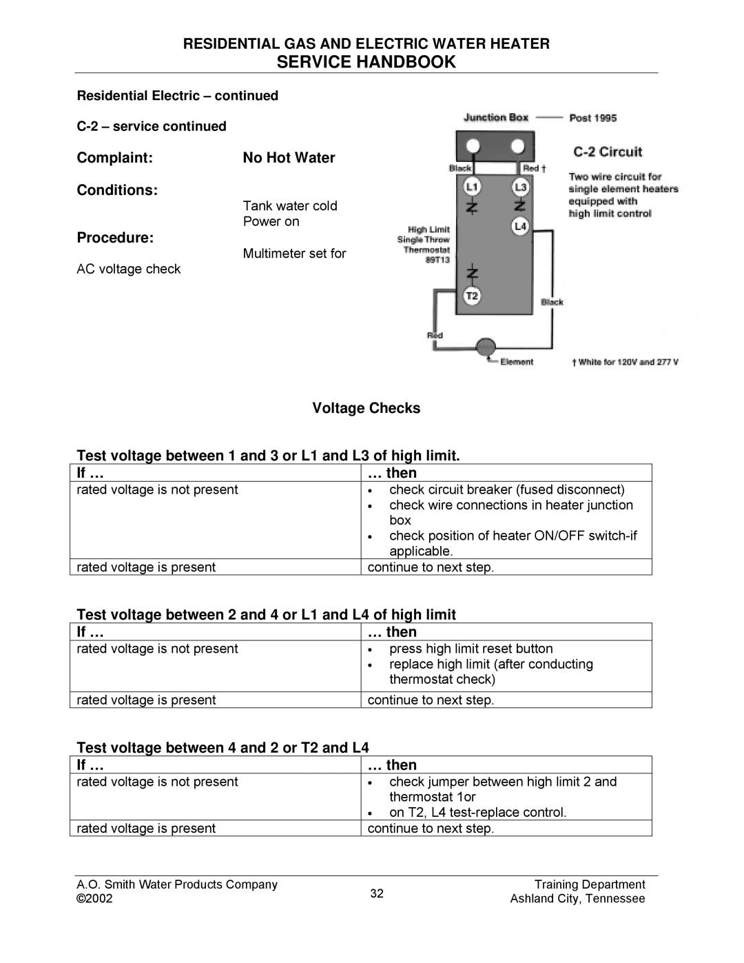 A.O. Smith TC-049-R2 Complaint No Hot Water Conditions, Procedure, Test voltage between 4 and 2 or T2 and L4 If … … then 