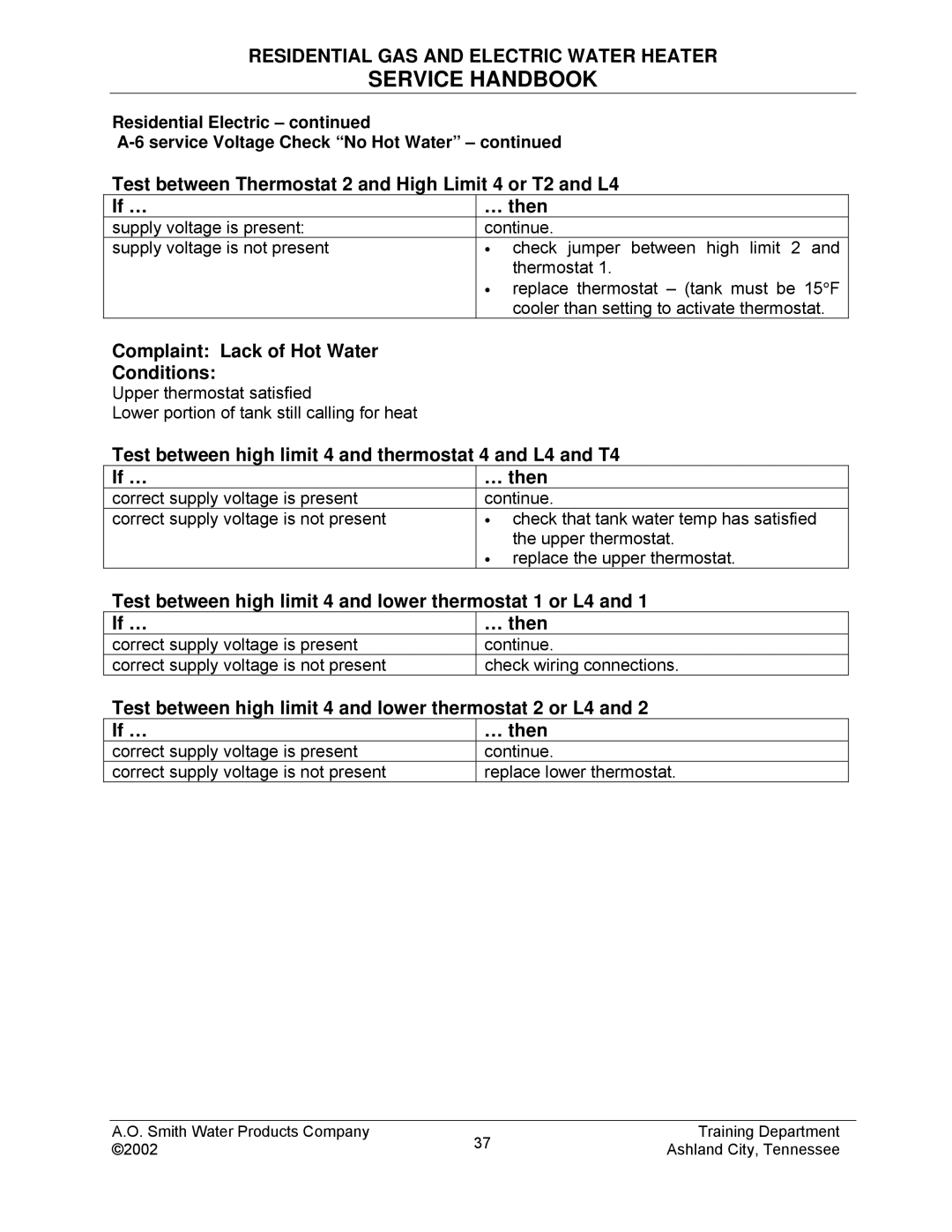 A.O. Smith TC-049-R2 manual Complaint Lack of Hot Water Conditions, Test between high limit 4 and lower thermostat 1 or L4 