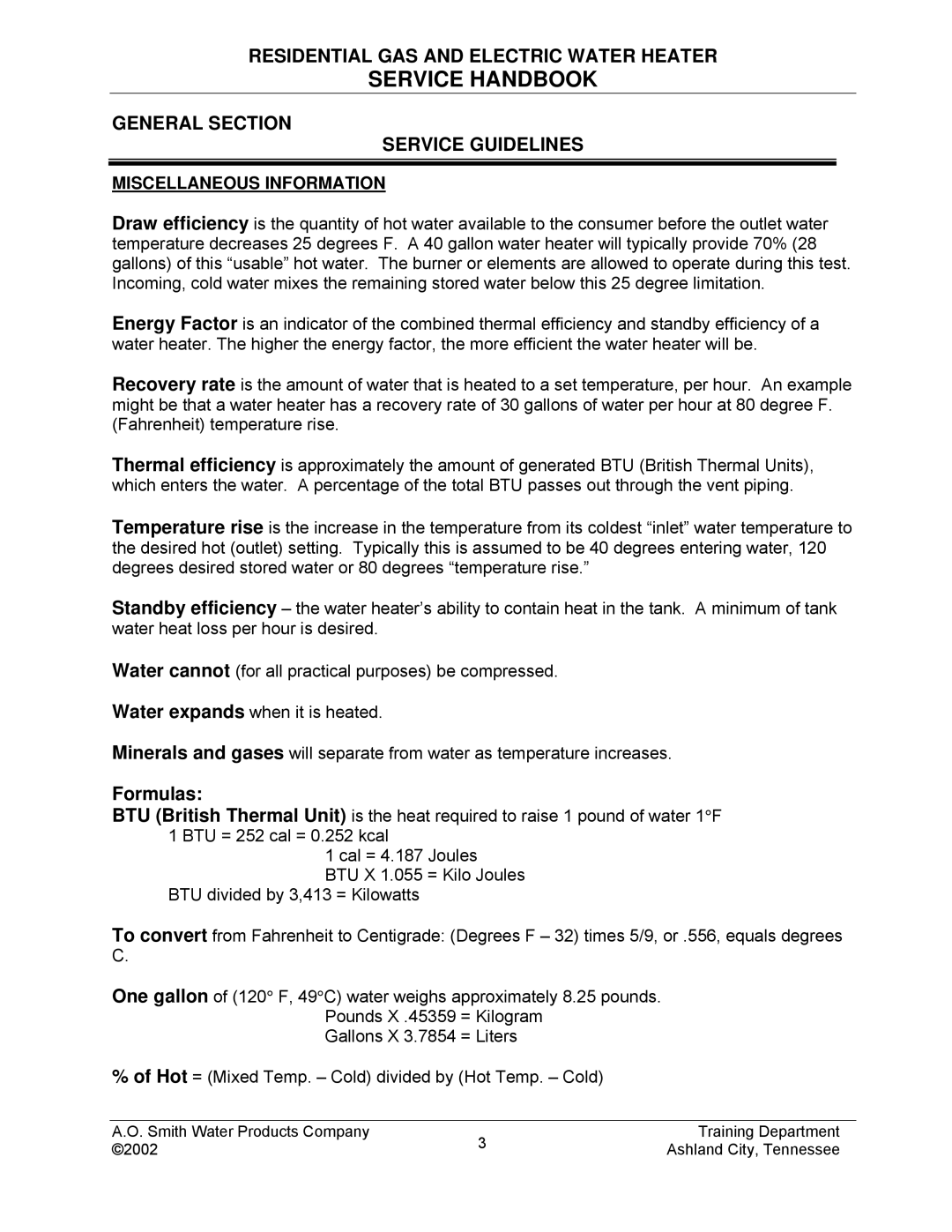 A.O. Smith TC-049-R2 manual General Section Service Guidelines, Formulas, Miscellaneous Information 