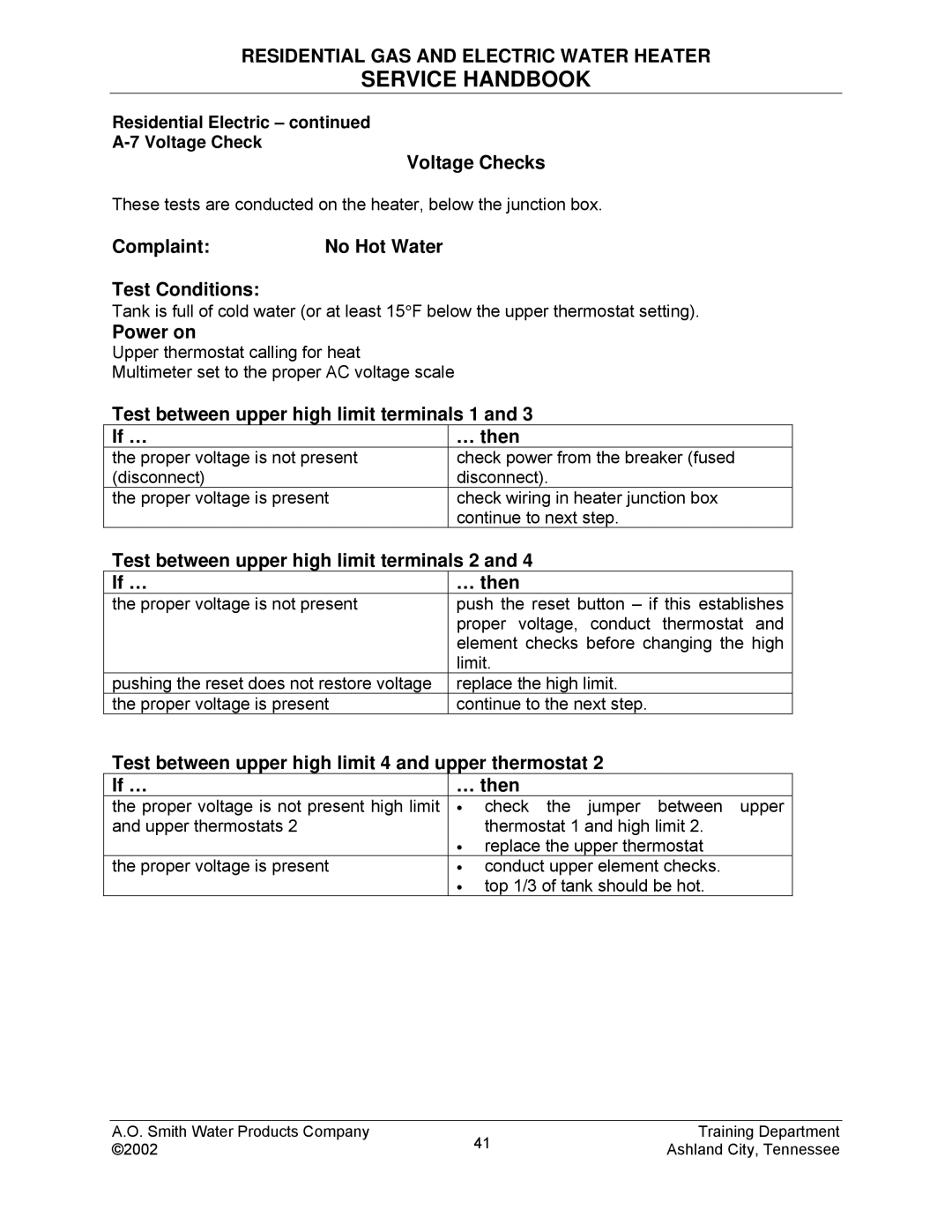 A.O. Smith TC-049-R2 manual Voltage Checks, Power on, Test between upper high limit terminals 1 If … … then 