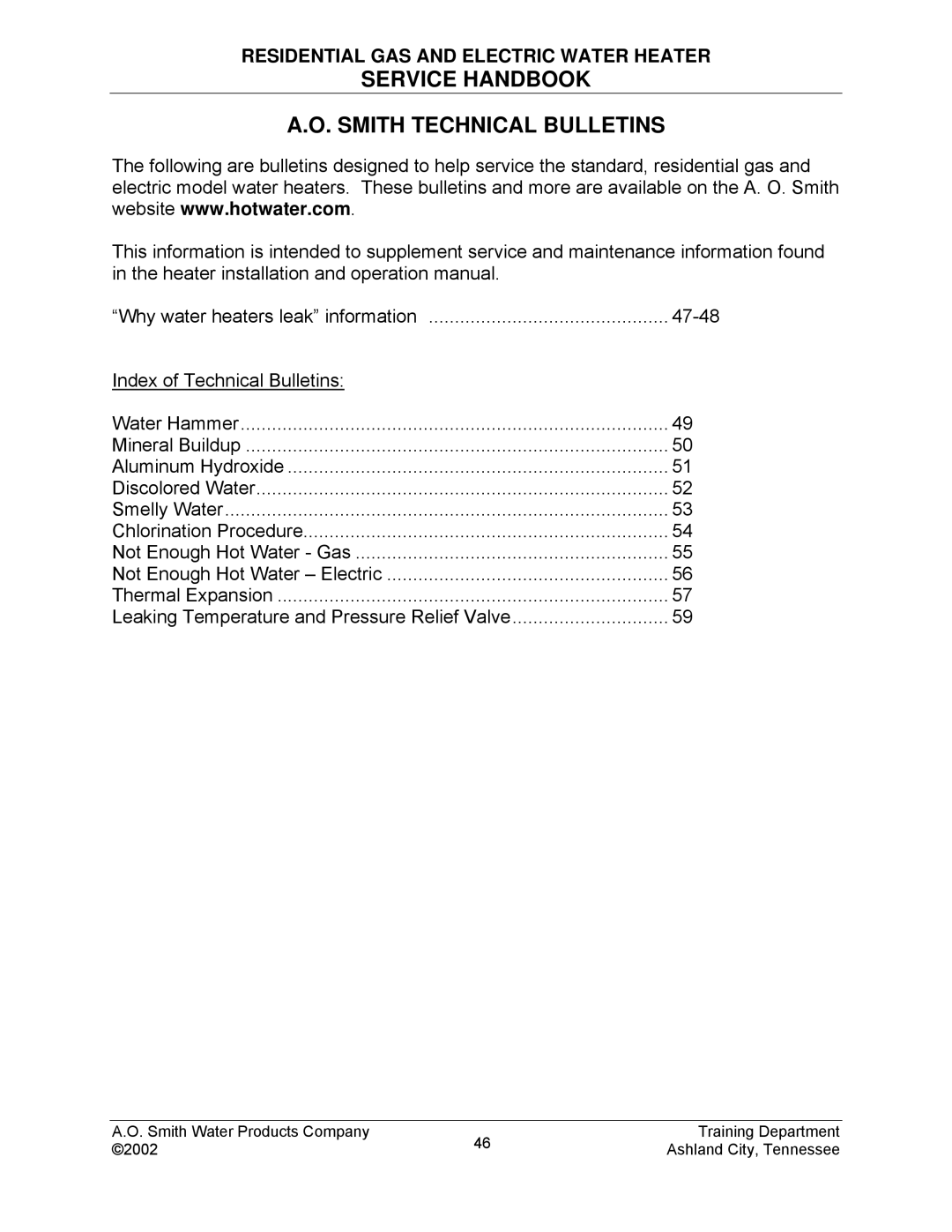 A.O. Smith TC-049-R2 manual Service Handbook Smith Technical Bulletins 