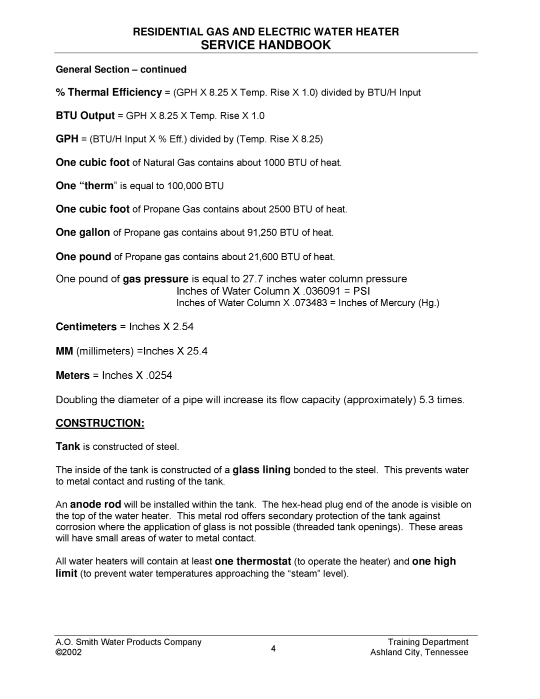 A.O. Smith TC-049-R2 manual Construction, General Section 
