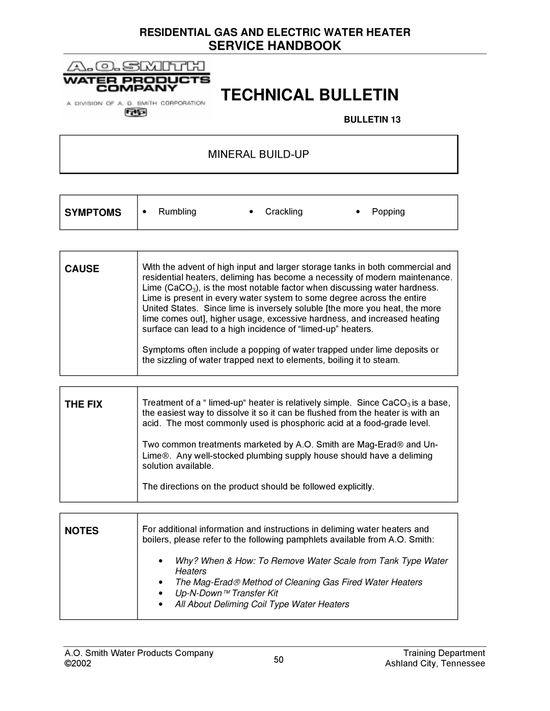 A.O. Smith TC-049-R2 manual Mineral BUILD-UP, Symptoms, Cause 