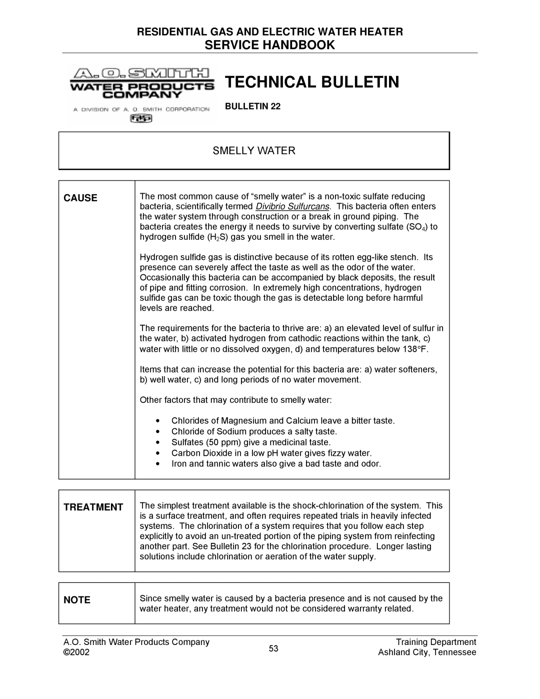 A.O. Smith TC-049-R2 manual Smelly Water 