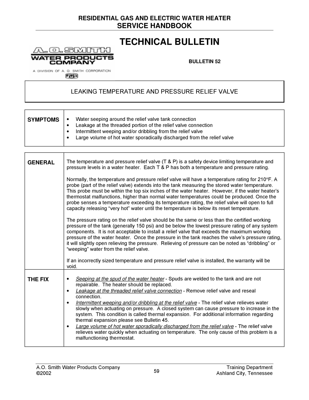 A.O. Smith TC-049-R2 manual Leaking Temperature and Pressure Relief Valve, General 