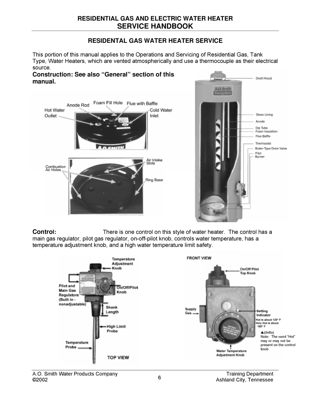 A.O. Smith TC-049-R2 Residental GAS Water Heater Service, Construction See also General section of this manual 