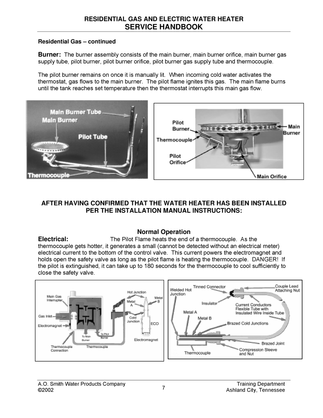 A.O. Smith TC-049-R2 manual Normal Operation, Residential Gas 