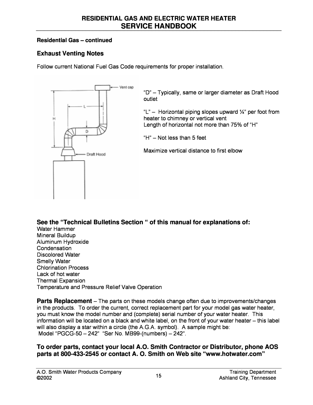 A.O. Smith TC-049-R2 manual Service Handbook, Residential Gas And Electric Water Heater, Exhaust Venting Notes 
