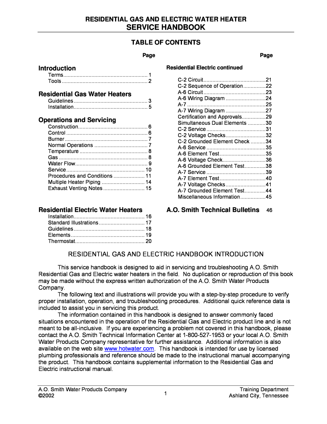 A.O. Smith TC-049-R2 manual Service Handbook, Residential Gas And Electric Water Heater, Table Of Contents, Introduction 