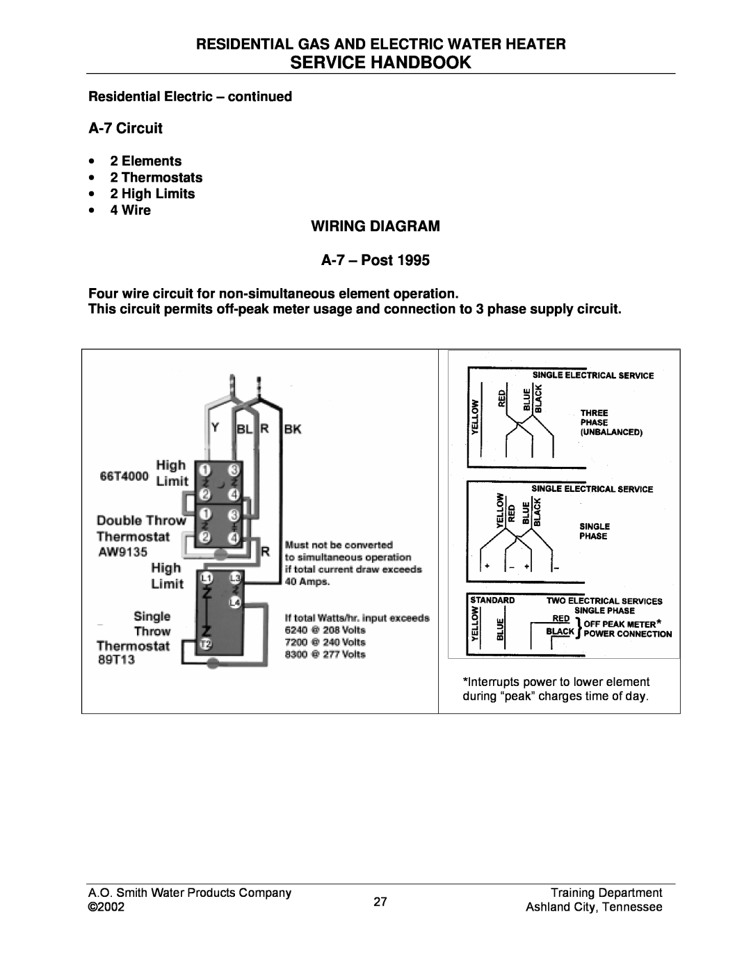 A.O. Smith TC-049-R2 Service Handbook, Residential Gas And Electric Water Heater, A-7 Circuit, WIRING DIAGRAM A-7 - Post 