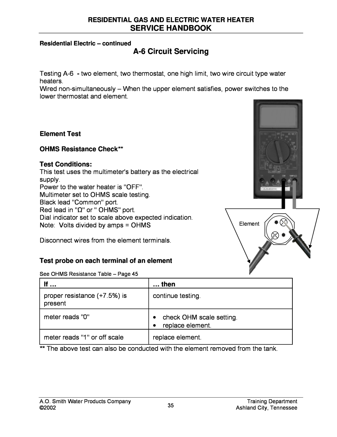 A.O. Smith TC-049-R2 A-6 Circuit Servicing, Service Handbook, Residential Gas And Electric Water Heater, If …, … then 