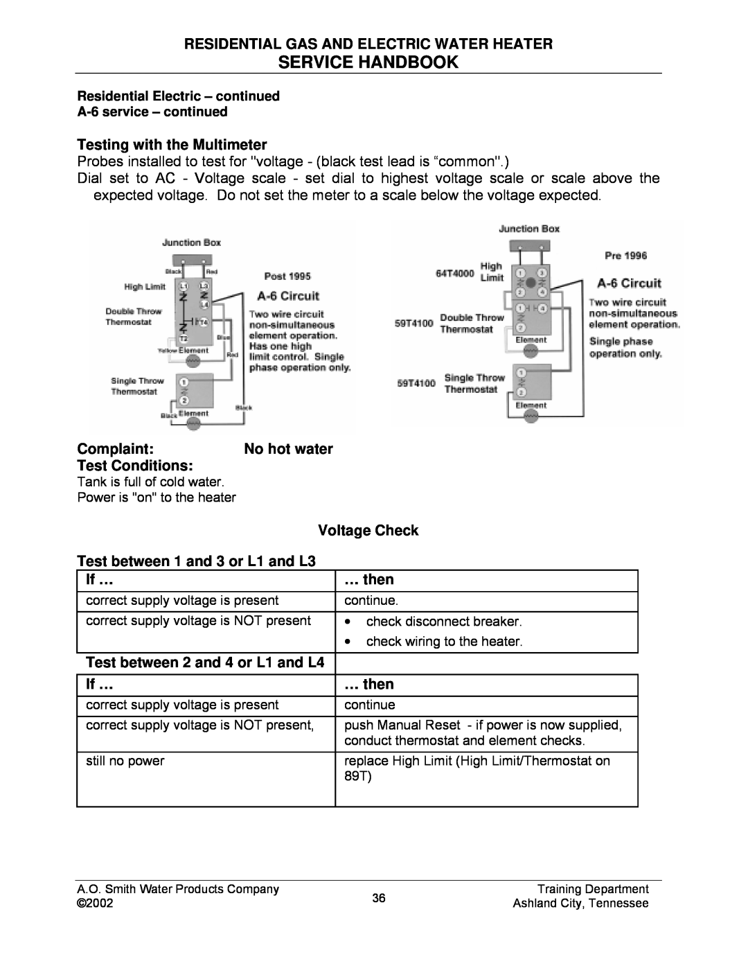 A.O. Smith TC-049-R2 Service Handbook, Residential Gas And Electric Water Heater, Testing with the Multimeter, Complaint 