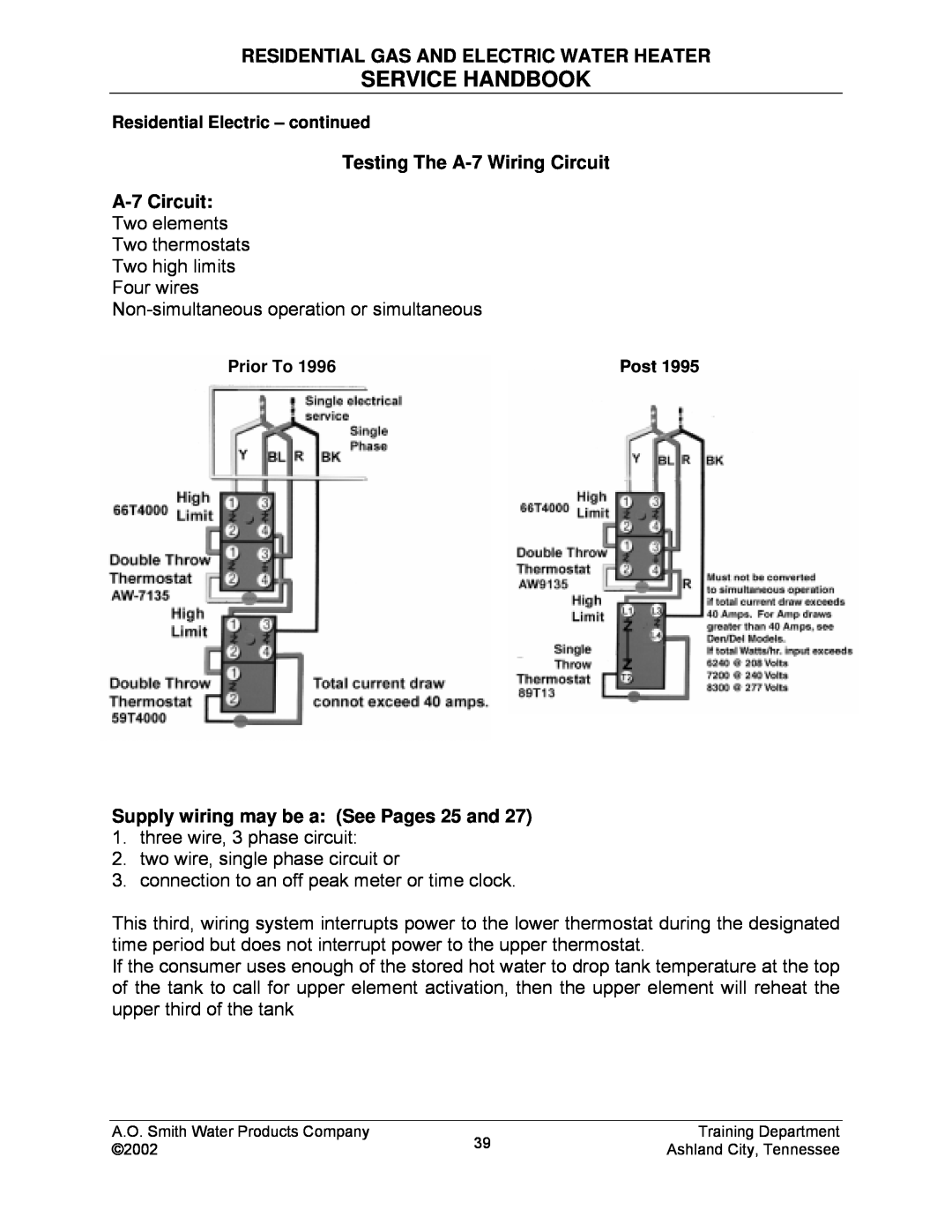A.O. Smith TC-049-R2 Service Handbook, Residential Gas And Electric Water Heater, Supply wiring may be a See Pages 25 and 