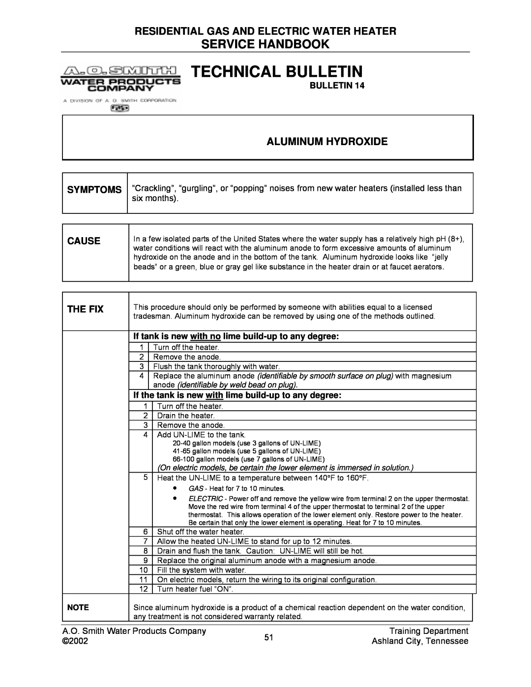 A.O. Smith TC-049-R2 Technical Bulletin, Service Handbook, Residential Gas And Electric Water Heater, Aluminum Hydroxide 