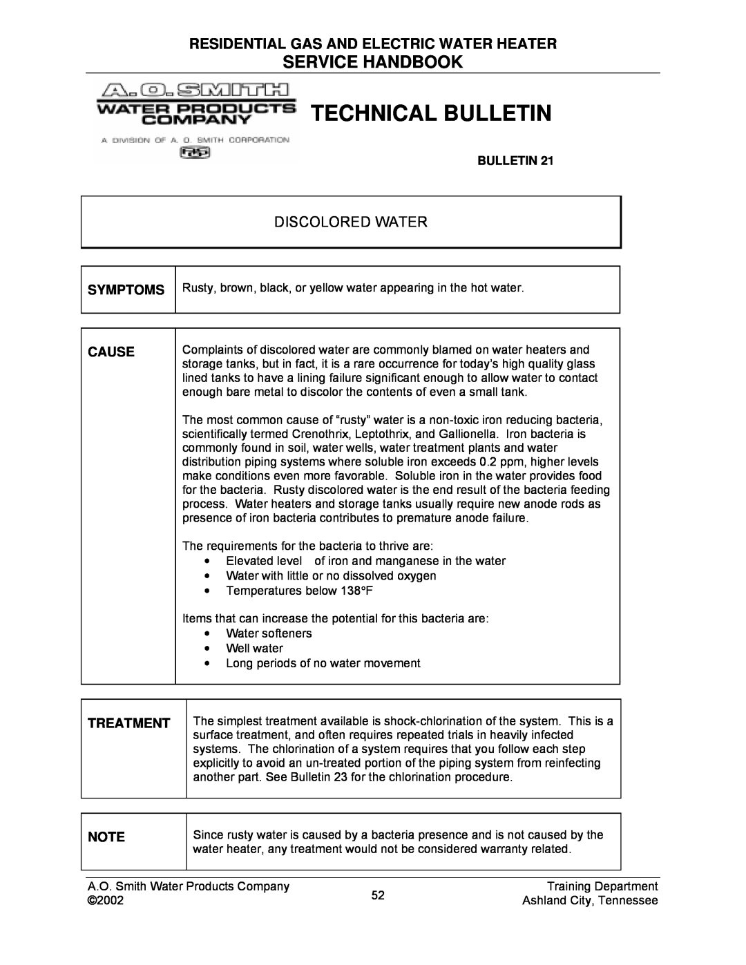 A.O. Smith TC-049-R2 Technical Bulletin, Service Handbook, Residential Gas And Electric Water Heater, Discolored Water 