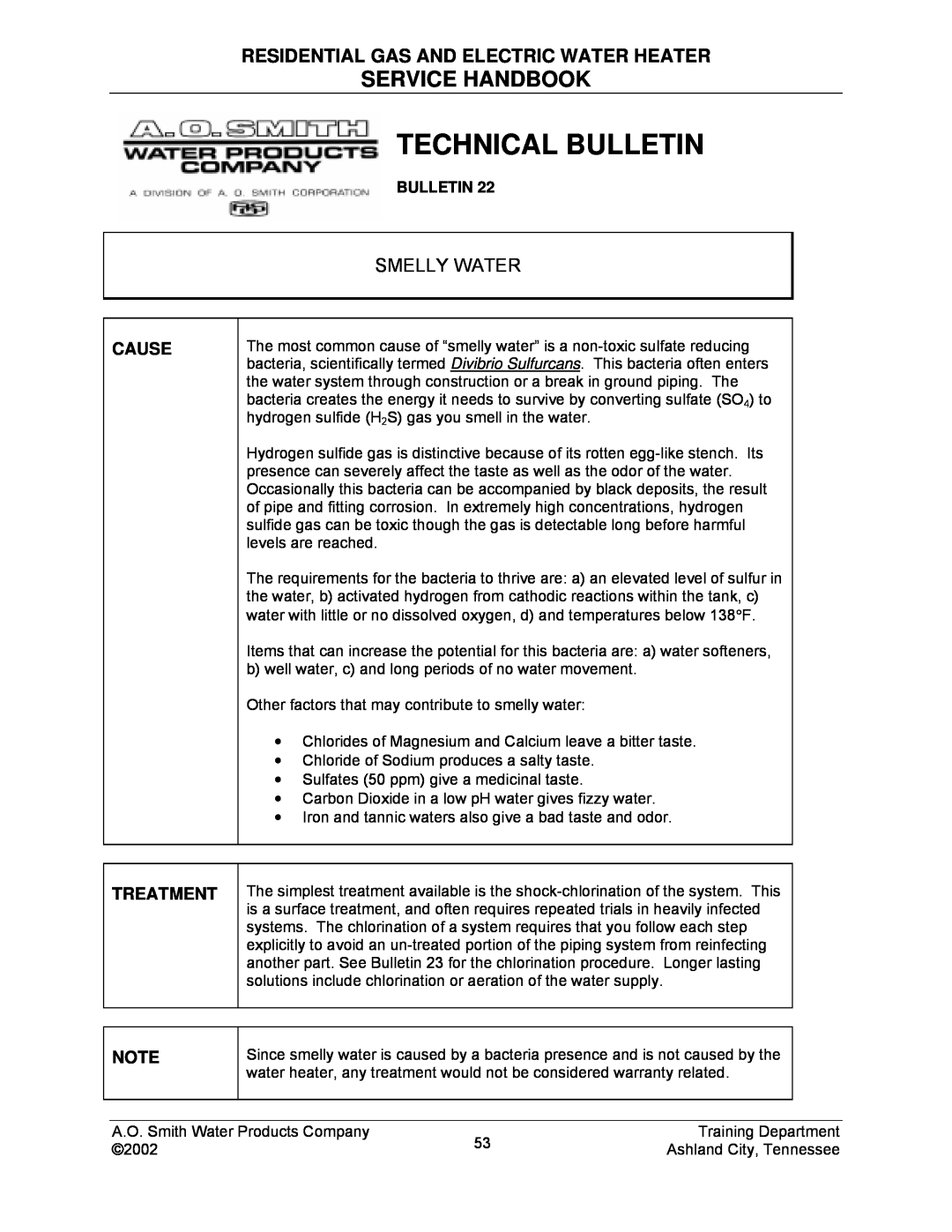 A.O. Smith TC-049-R2 manual Technical Bulletin, Service Handbook, Residential Gas And Electric Water Heater, Smelly Water 