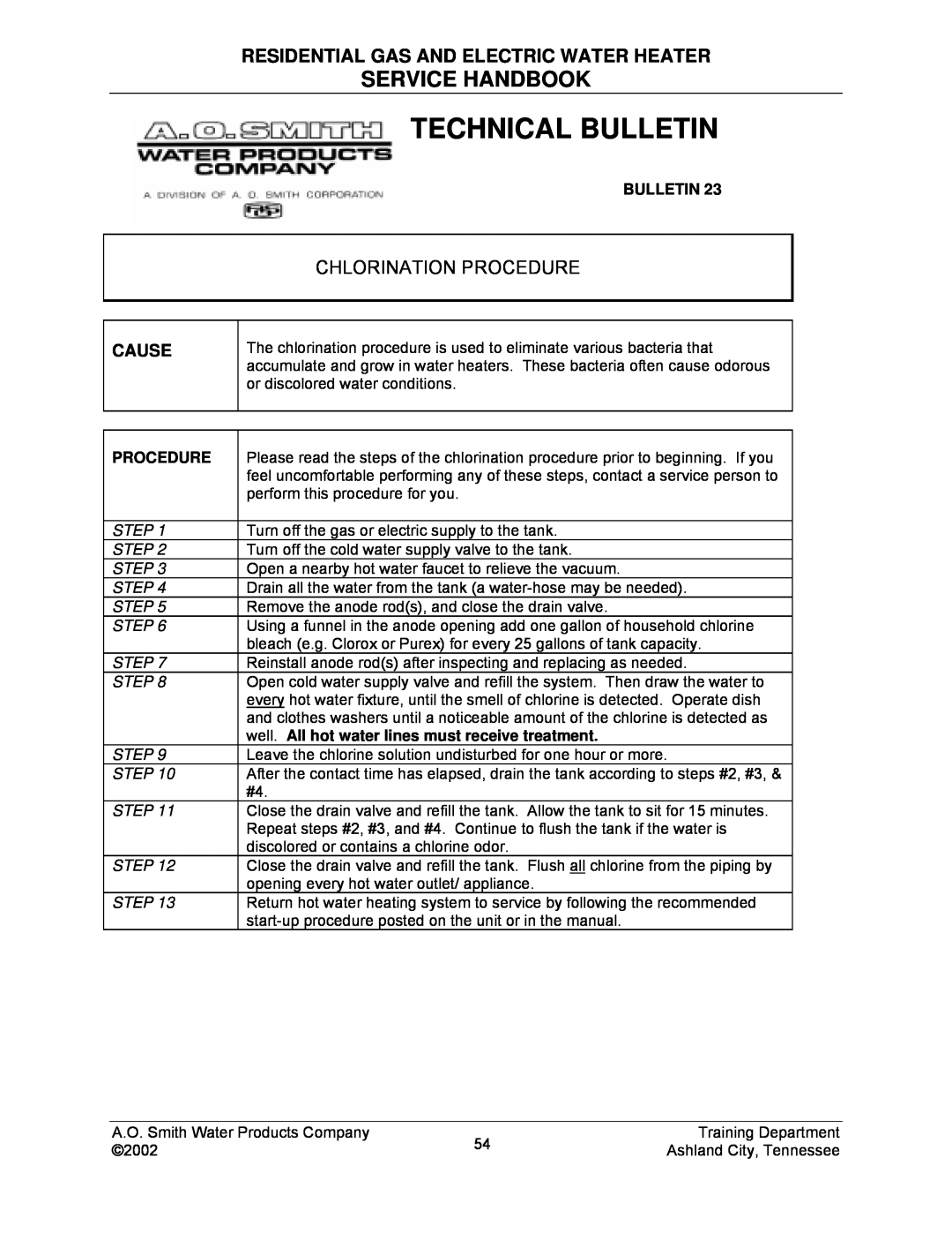 A.O. Smith TC-049-R2 manual Technical Bulletin, Service Handbook, Residential Gas And Electric Water Heater, Procedure 
