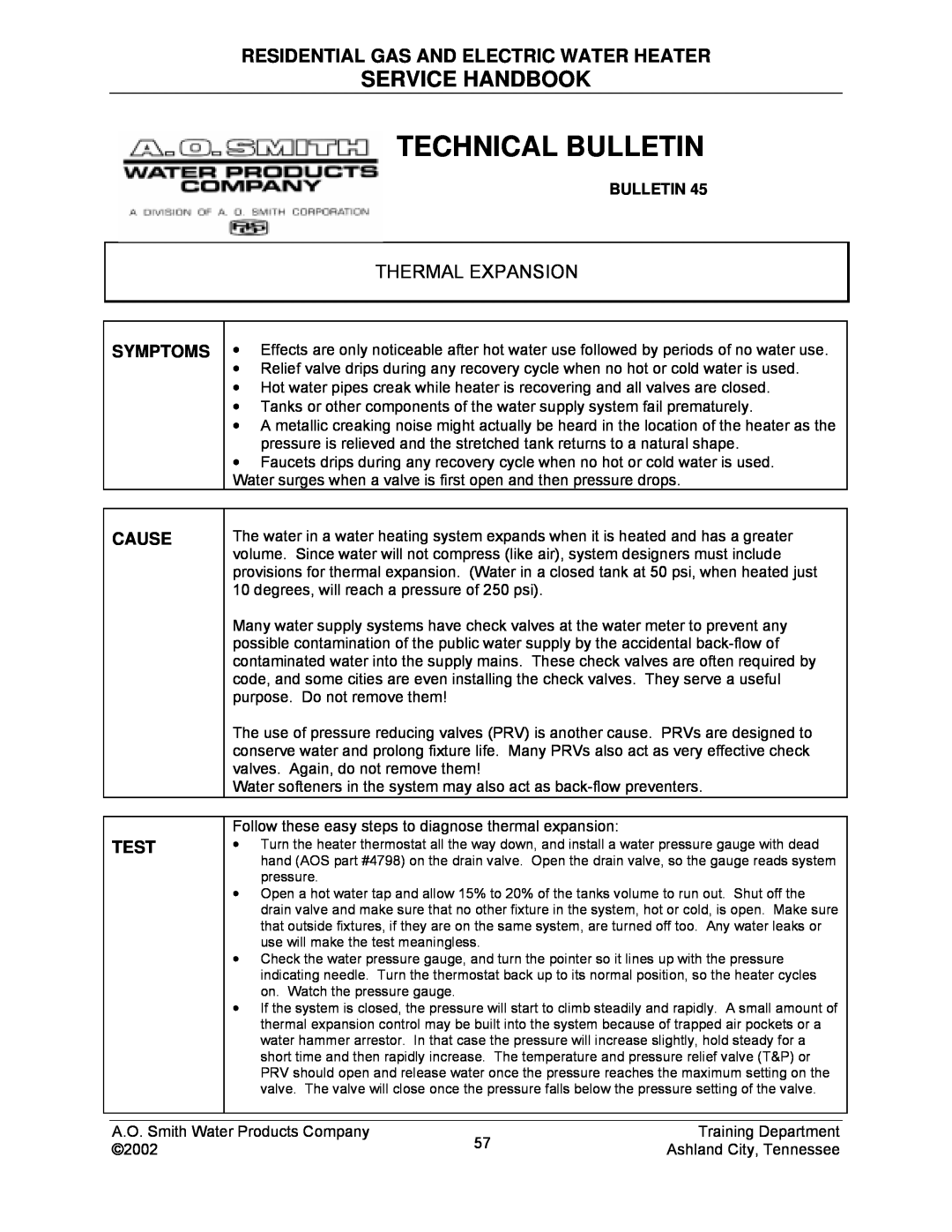A.O. Smith TC-049-R2 Technical Bulletin, Service Handbook, Residential Gas And Electric Water Heater, Thermal Expansion 