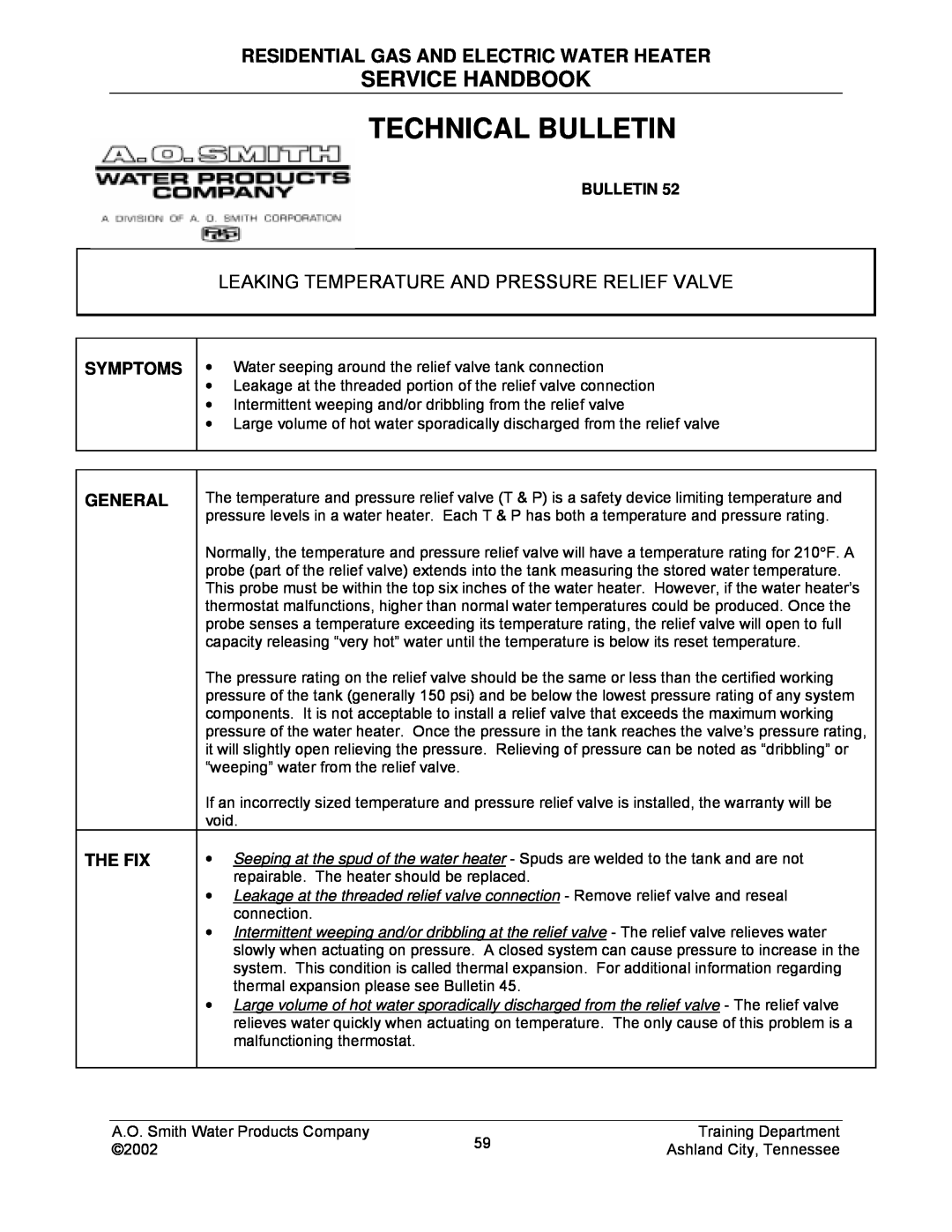 A.O. Smith TC-049-R2 manual Technical Bulletin, Service Handbook, Residential Gas And Electric Water Heater 