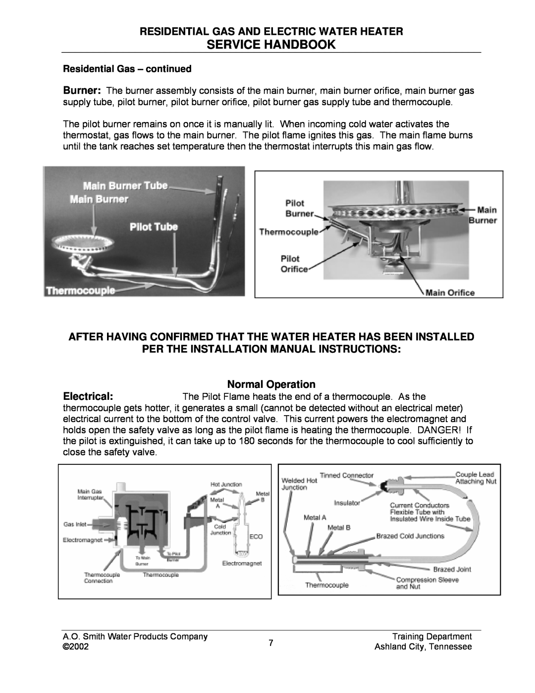 A.O. Smith TC-049-R2 manual Service Handbook, Residential Gas And Electric Water Heater, Residential Gas - continued 