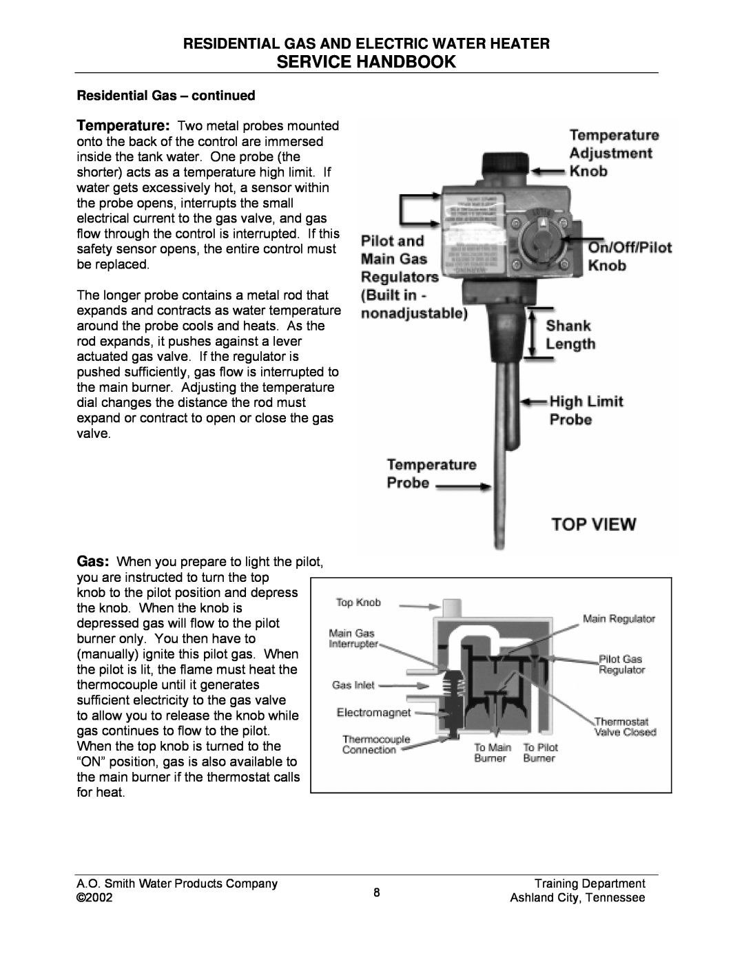 A.O. Smith TC-049-R2 manual Service Handbook, Residential Gas And Electric Water Heater 