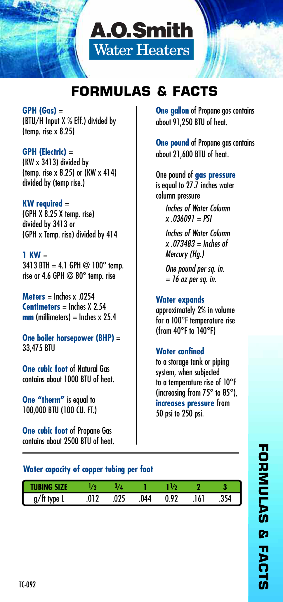 A.O. Smith TC-092 GPH Gas =, GPH Electric =, KW required =, Kw =, One boiler horsepower BHP = 33,475 BTU, Water confined 