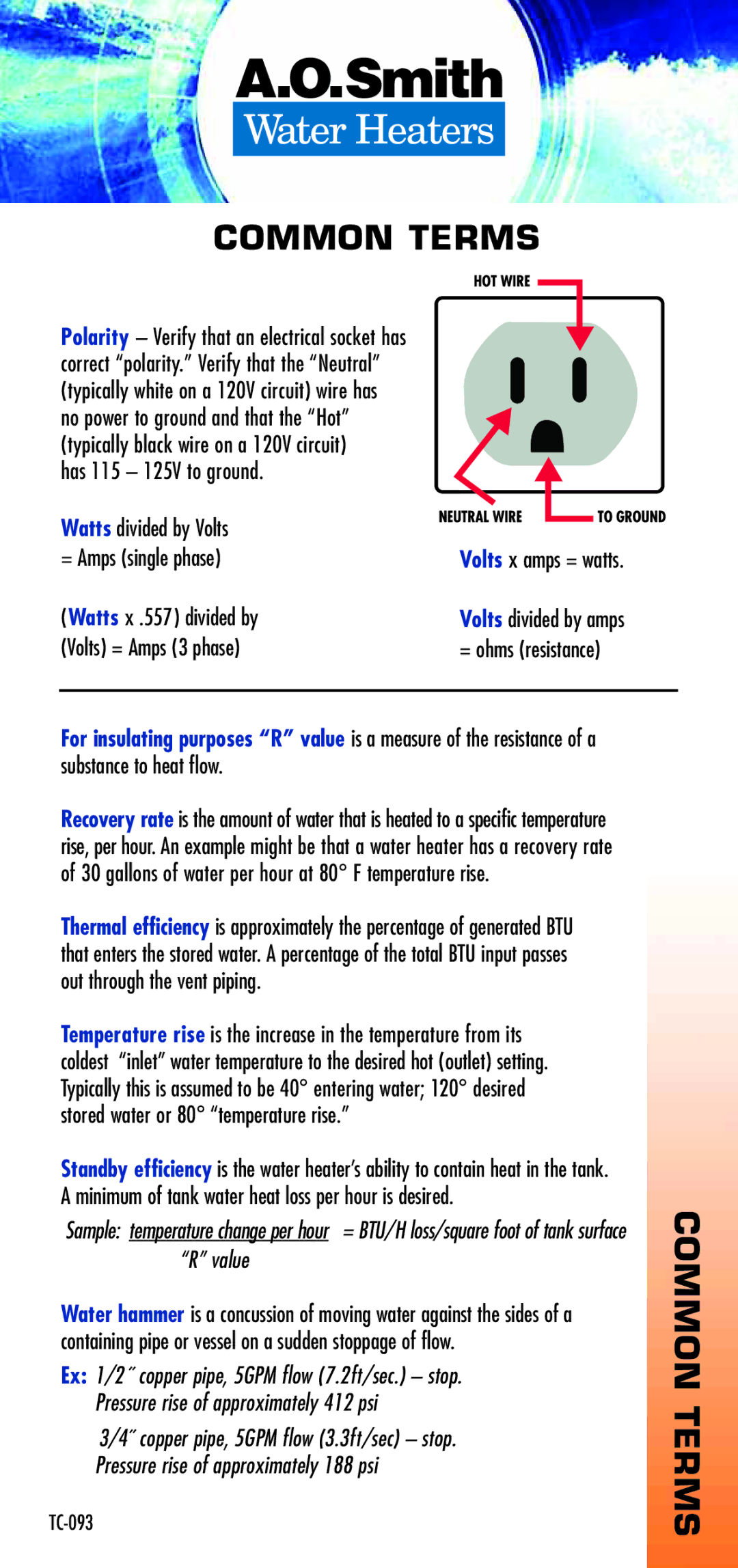 A.O. Smith TC-092 manual Watts x .557 divided by, Volts = Amps 3 phase 