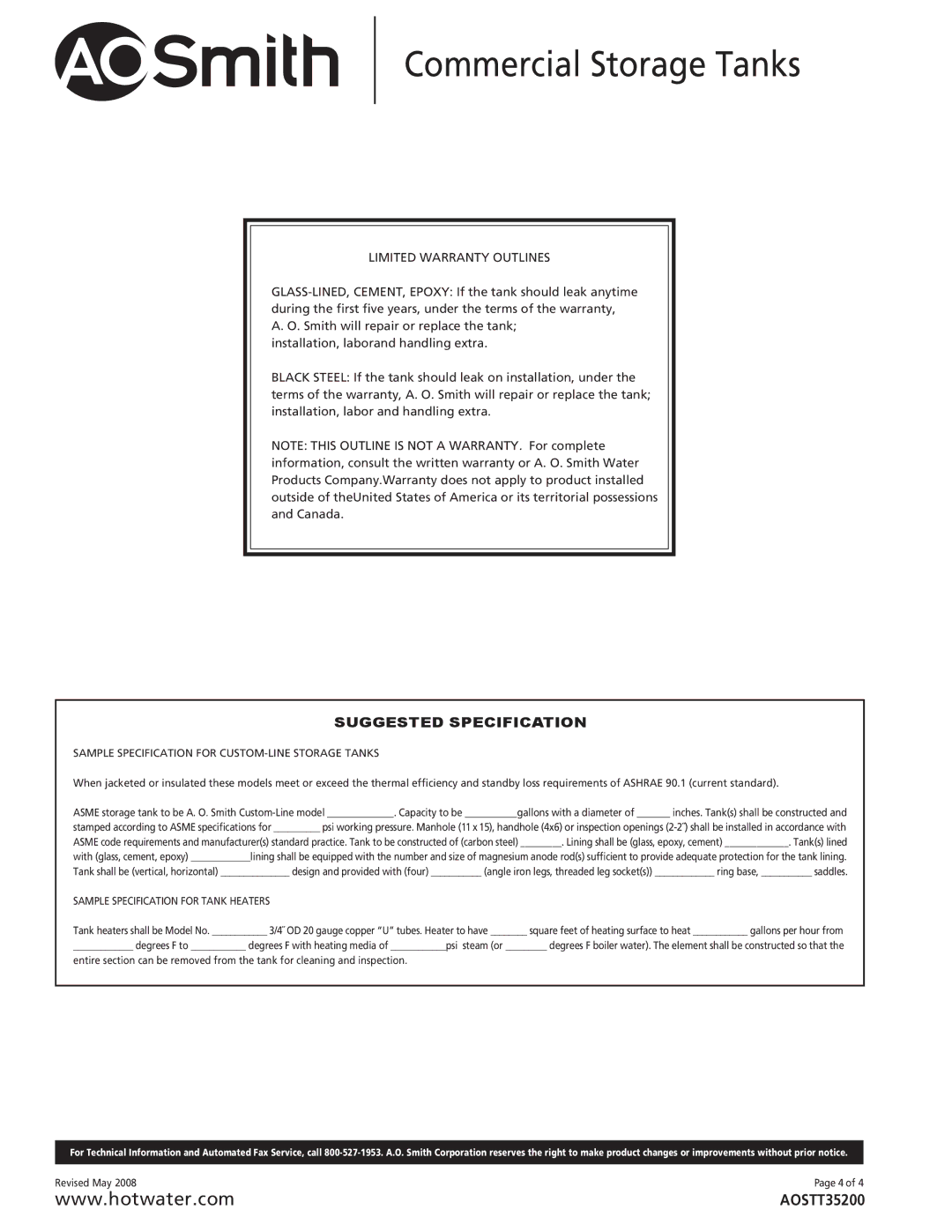 A.O. Smith TJH manual Suggested Specification 