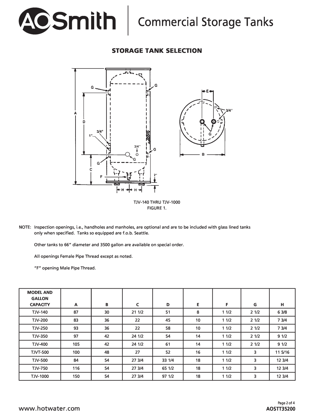 A.O. Smith TJH manual Storage Tank Selection, AOSTT35200, Model And, Commercial Storage Tanks 
