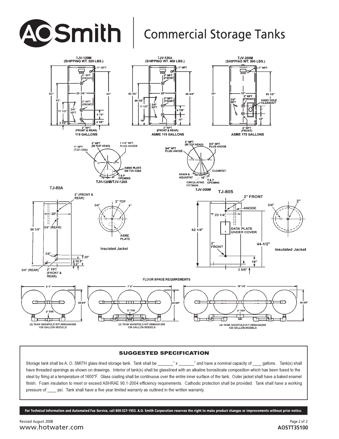 A.O. Smith TJV-120A, TJV-120M, TJ-80A, TJ-80S, TJV-200M warranty Suggested Specification 