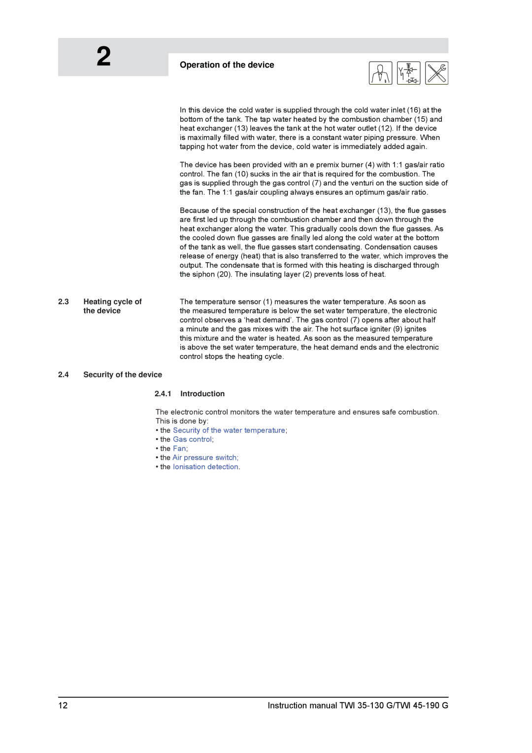 A.O. Smith TWI 45-190, TWI 35-130 service manual Operation of the device, Heating cycle, Security of the device Introduction 