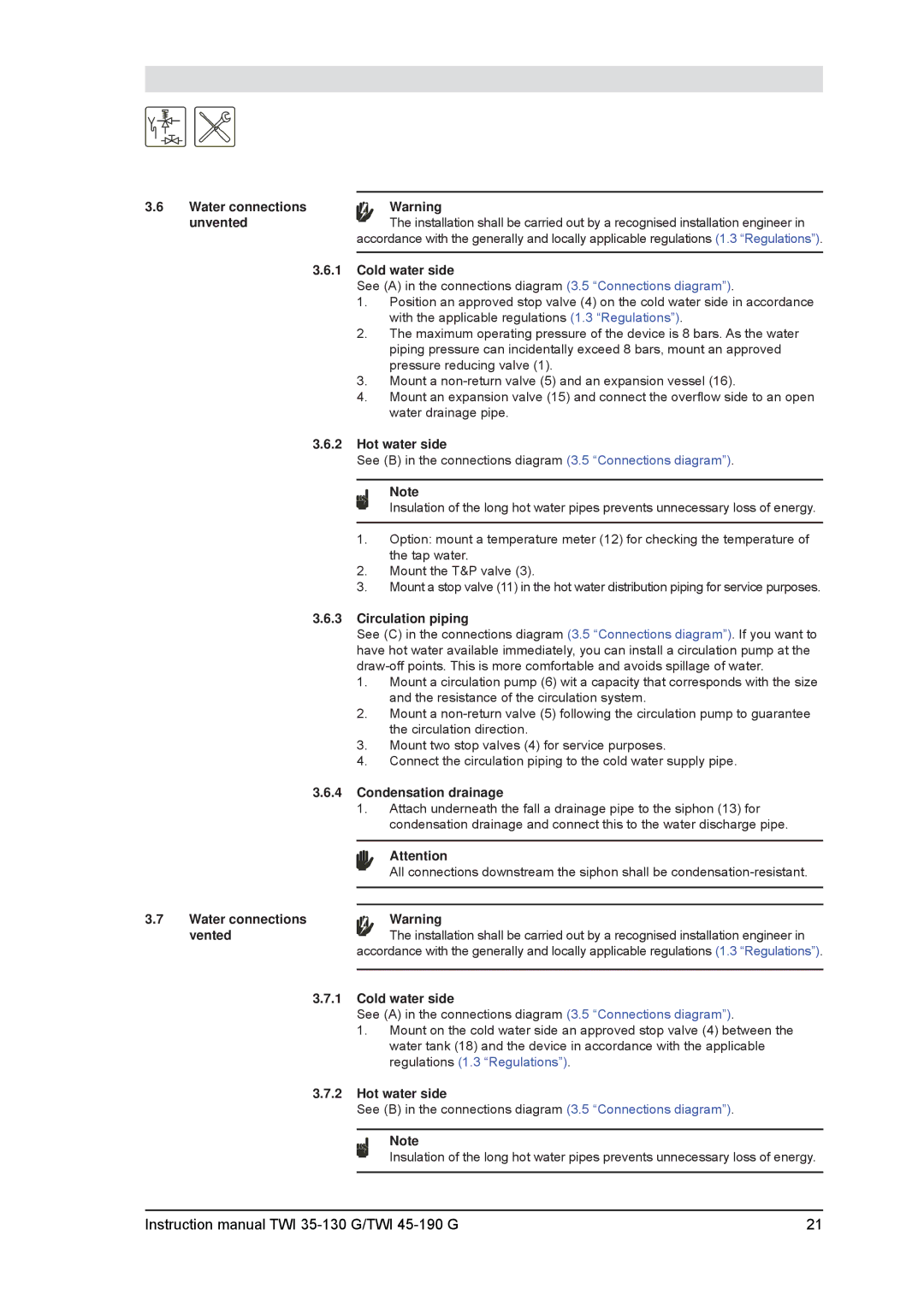 A.O. Smith TWI 35-130, TWI 45-190 service manual Cold water side, Hot water side, Circulation piping, Condensation drainage 