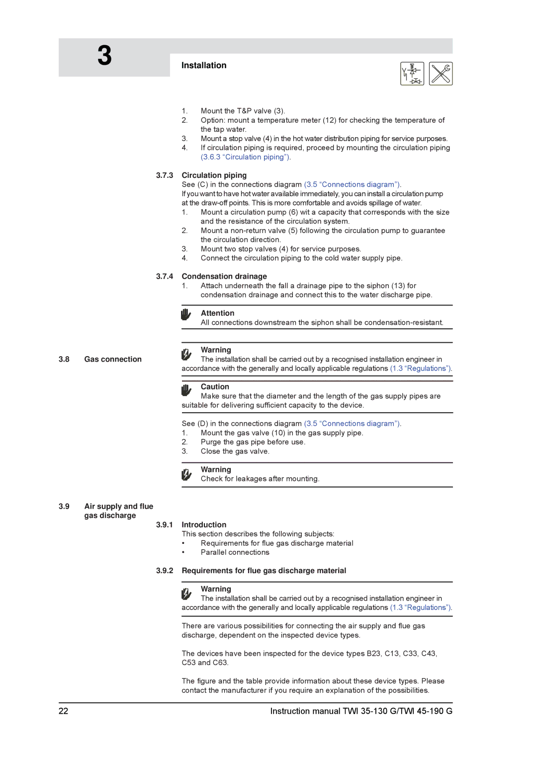 A.O. Smith TWI 45-190 Air supply and ﬂue gas discharge Introduction, Requirements for ﬂue gas discharge material 