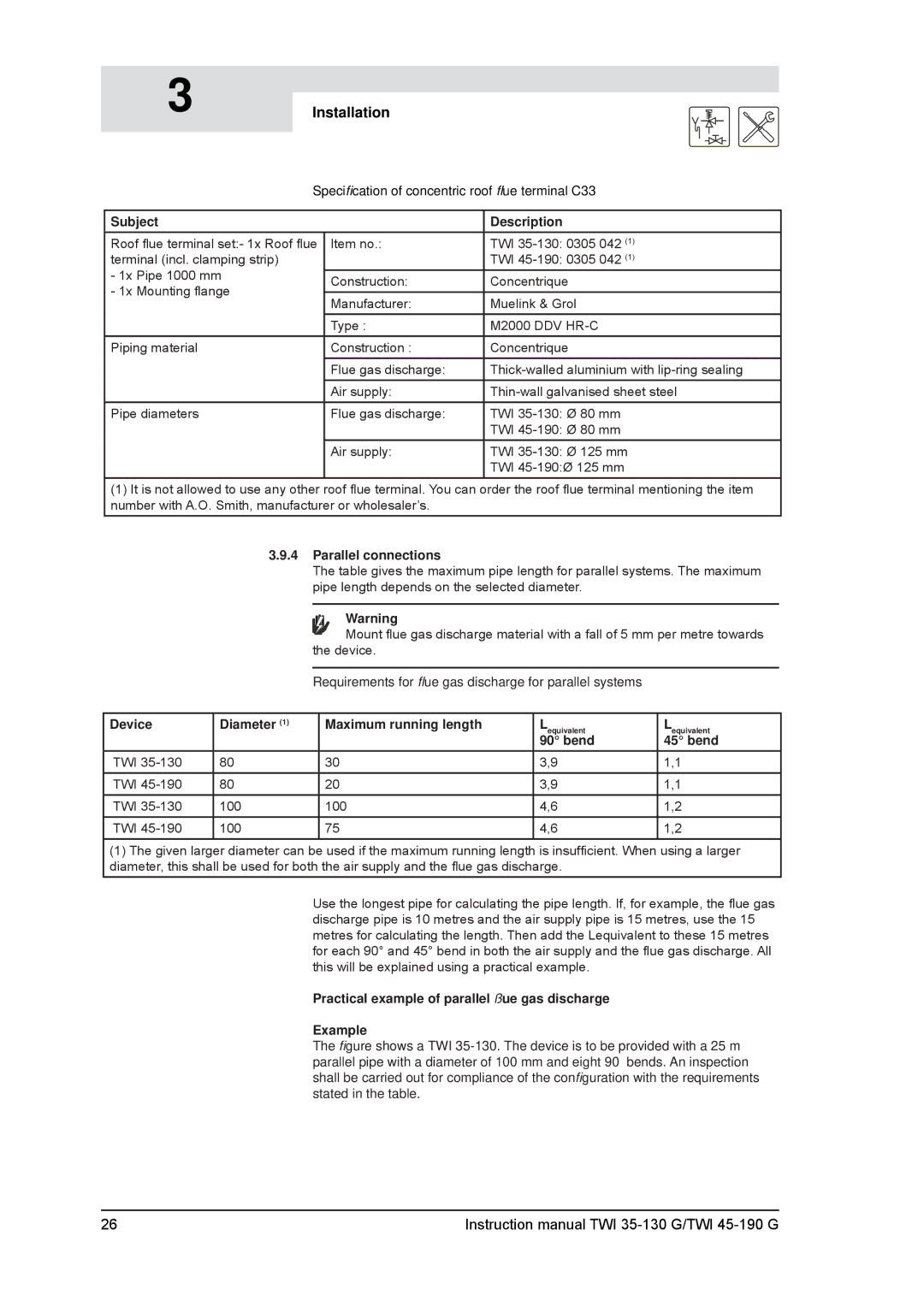 A.O. Smith TWI 45-190, TWI 35-130 service manual Parallel connections, Device Diameter Maximum running length, Bend 