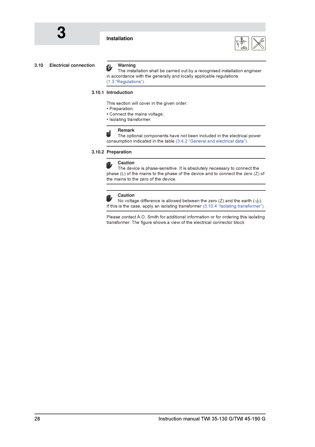 A.O. Smith TWI 45-190, TWI 35-130 service manual Electrical connection, Preparation 