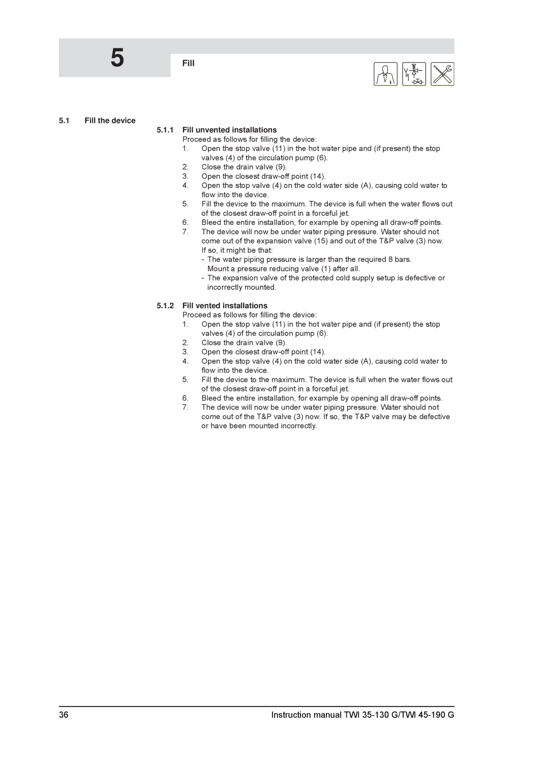 A.O. Smith TWI 45-190, TWI 35-130 service manual Fill the device Fill unvented installations, Fill vented installations 