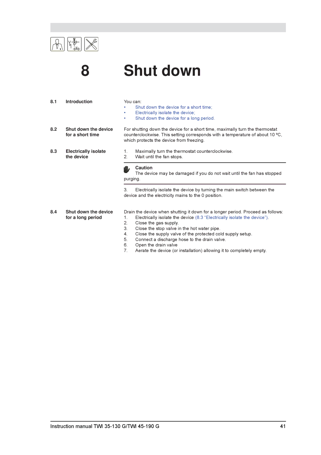 A.O. Smith TWI 35-130 Shut down, Introduction You can, For a short time, Electrically isolate, For a long period 