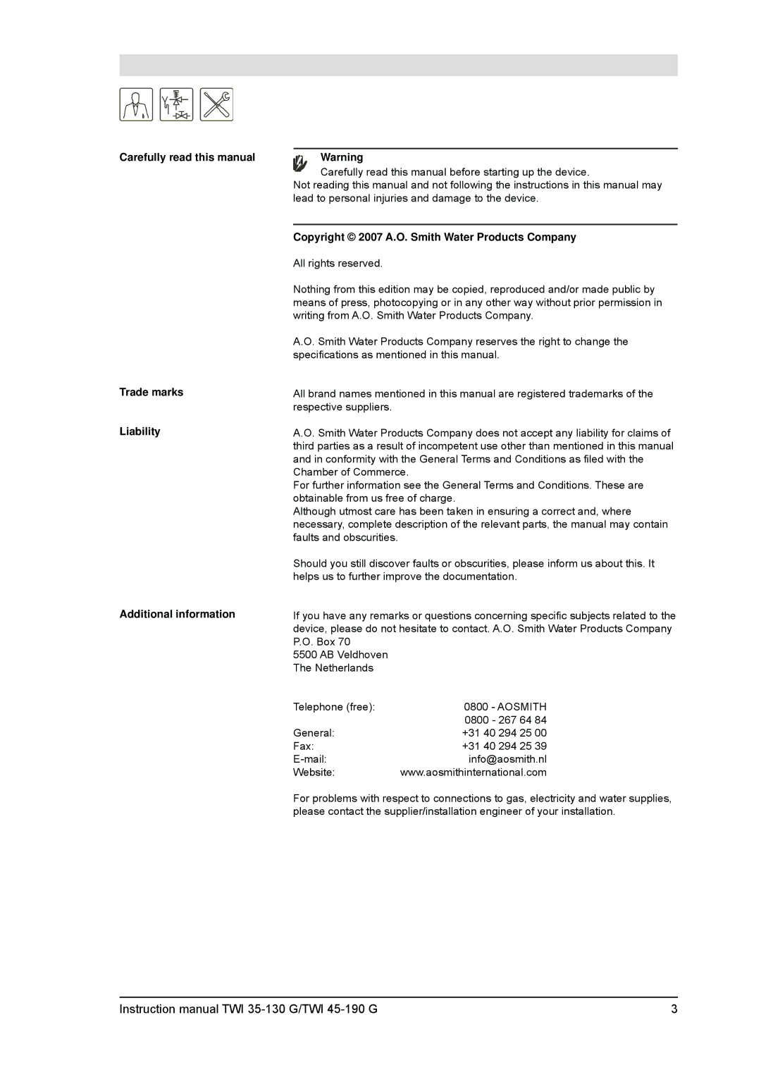 A.O. Smith TWI 35-130, TWI 45-190 service manual Copyright 2007 A.O. Smith Water Products Company 