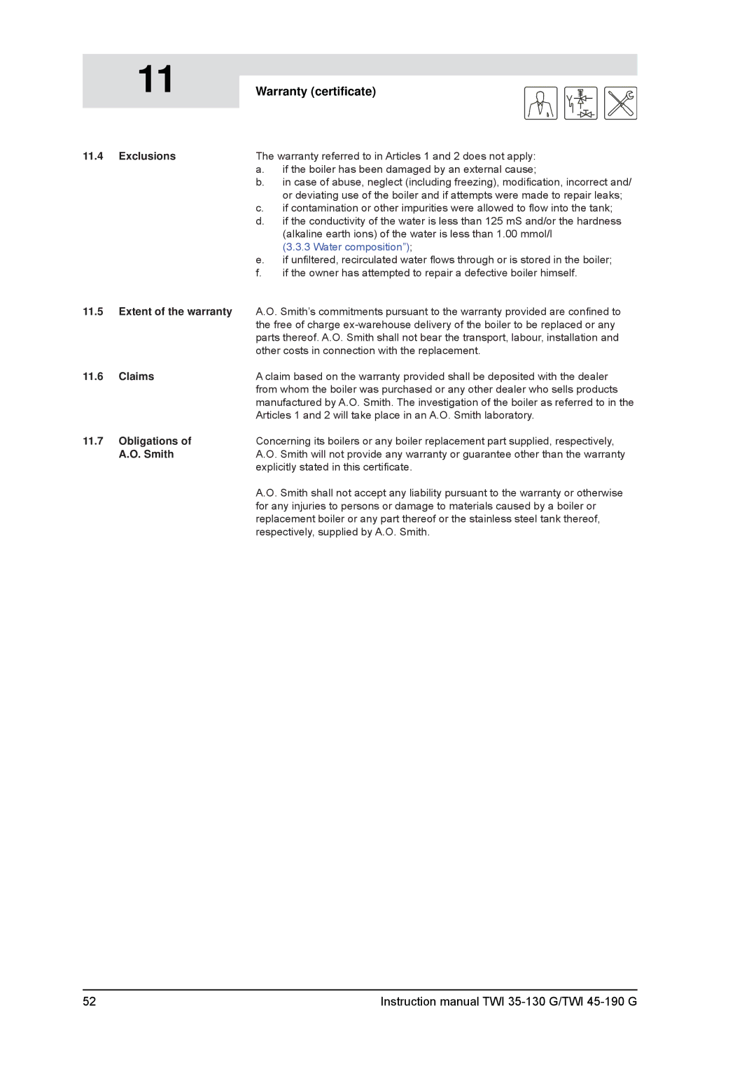 A.O. Smith TWI 45-190, TWI 35-130 service manual Warranty certiﬁcate, Claims, Obligations, Smith 