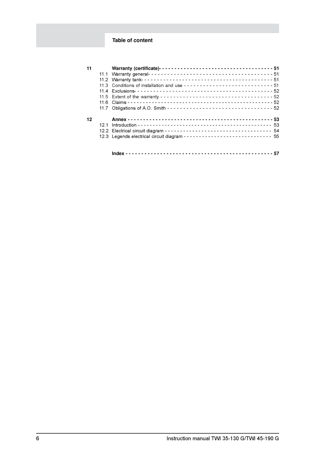 A.O. Smith TWI 45-190, TWI 35-130 service manual Table of content, Warranty certiﬁcate 