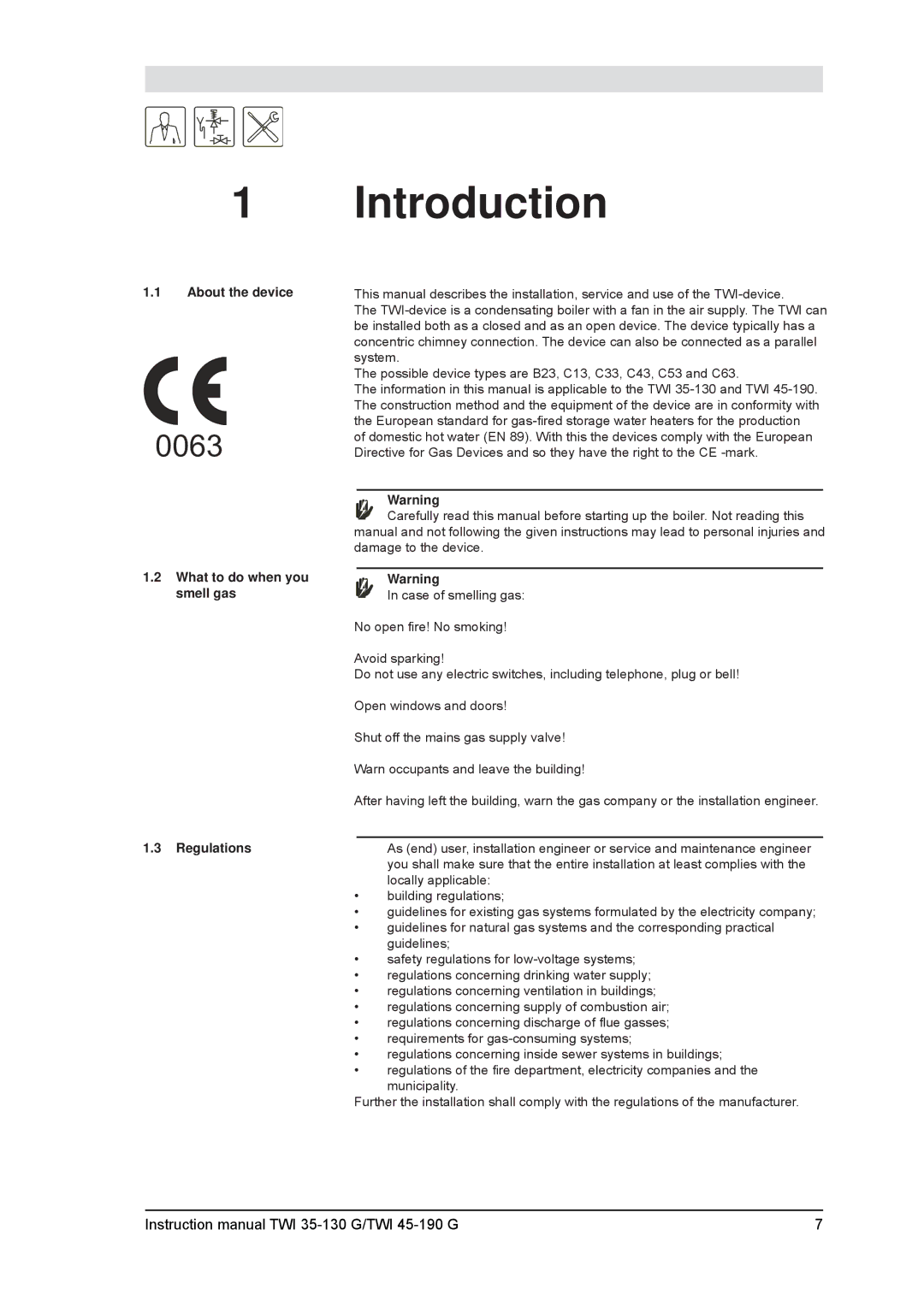 A.O. Smith TWI 35-130, TWI 45-190 service manual Introduction, About the device, What to do when you smell gas Regulations 