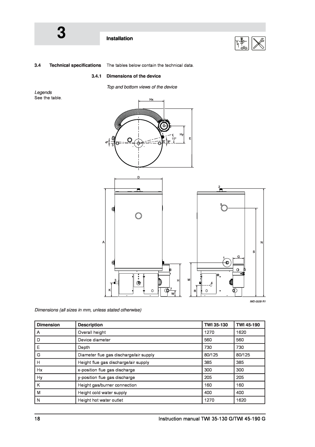 A.O. Smith Dimensions of the device, Installation, Instruction manual TWI 35-130 G/TWI 45-190 G, See the table 