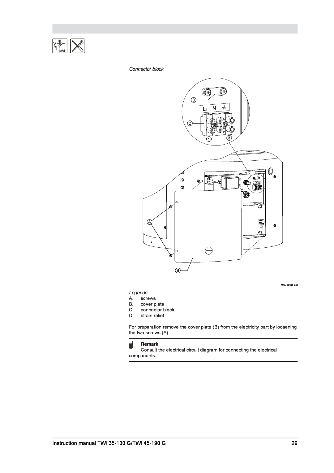 A.O. Smith Instruction manual TWI 35-130 G/TWI 45-190 G, A. screws B. cover plate C. connector block D. strain relief 